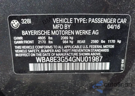 2016 BMW 328I xDrive z USA, uszkodzony, nr VIN WBA8E3G54GNU01987